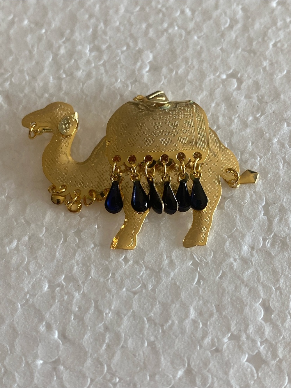 Gold-tone Camel Brooch / Pendant with Blue Teardrop Charms